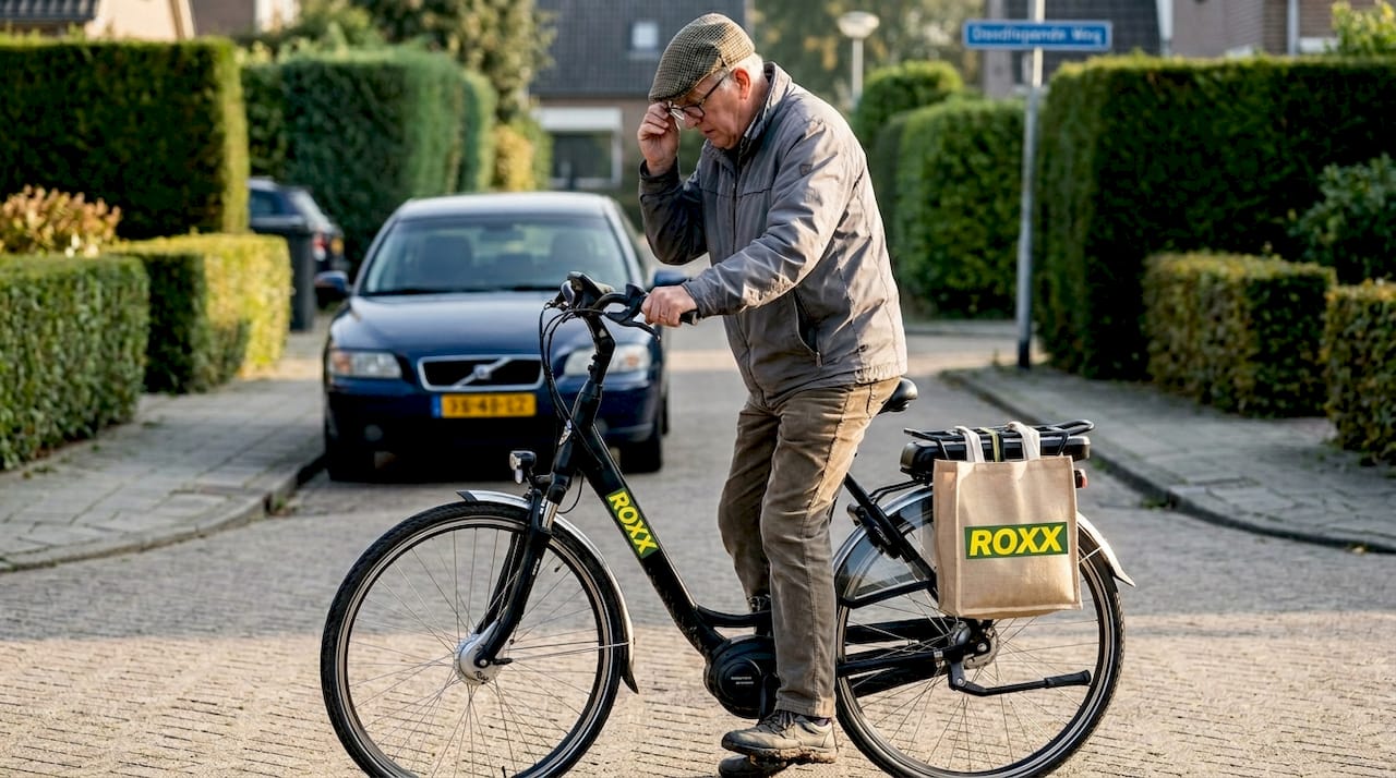 Een oudere man inspecteert zijn lage instap e-bike op de stoep.
