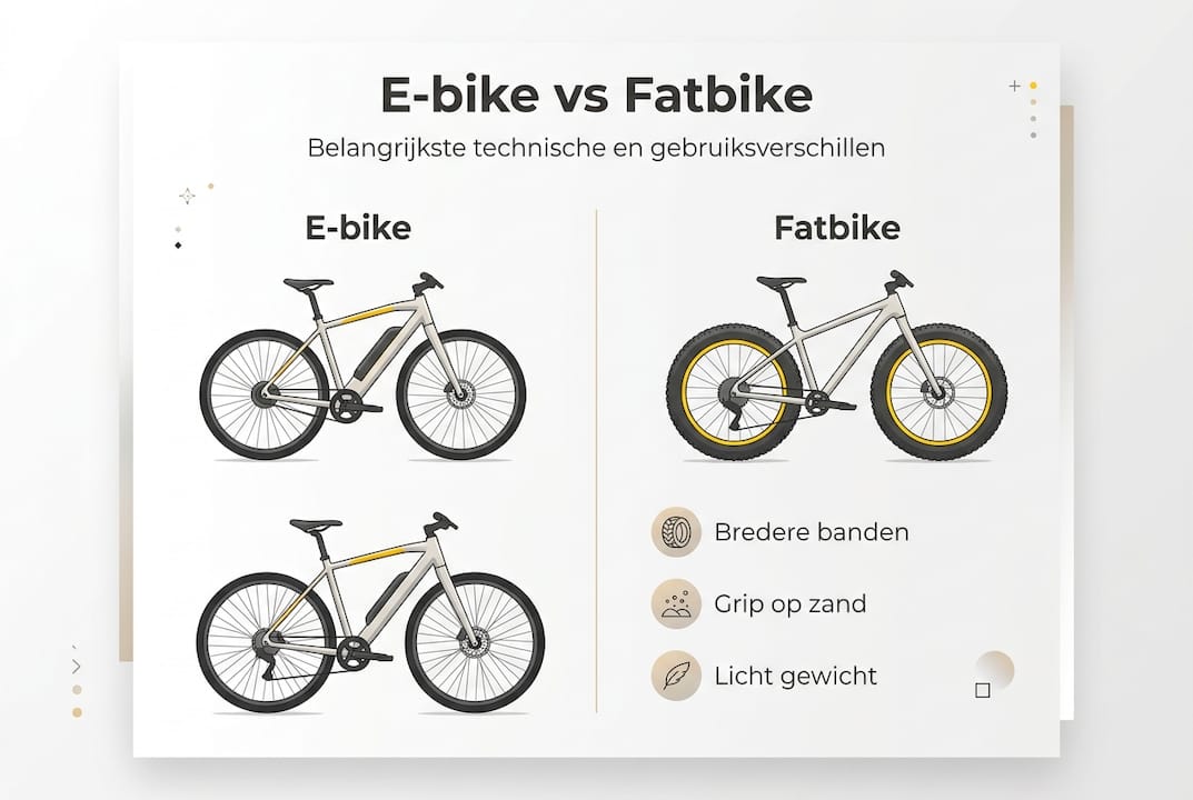 Overzichtelijke infographic met de belangrijkste technische en praktische verschillen tussen e-bikes en fatbikes