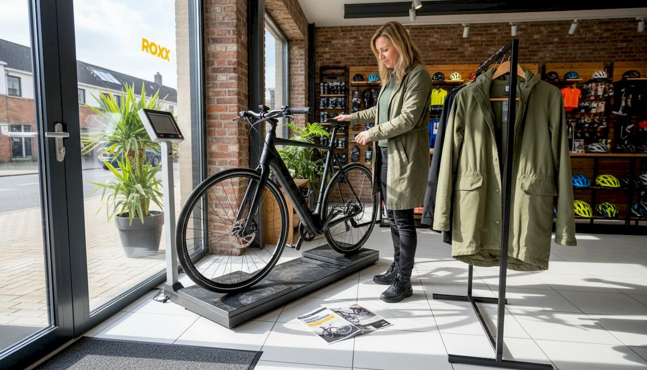 Vrouw tilt lichte e-bike op in fietsenzaak om gewicht te testen