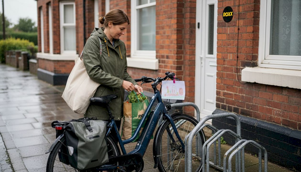 Een vrouw zet haar elektrische fiets neer voor haar huis in een woonwijk.
