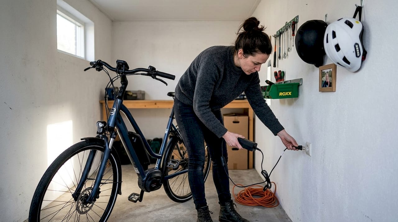 Een vrouw sluit haar e-bike in de garage aan op een slimme stekker om hem op te laden.