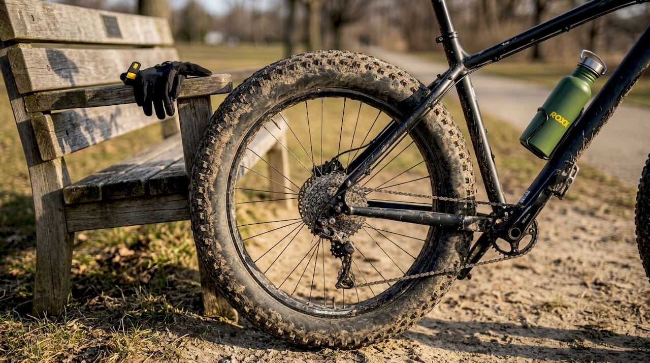 Detailfoto van een dikke fatbikeband naast een parkbankje