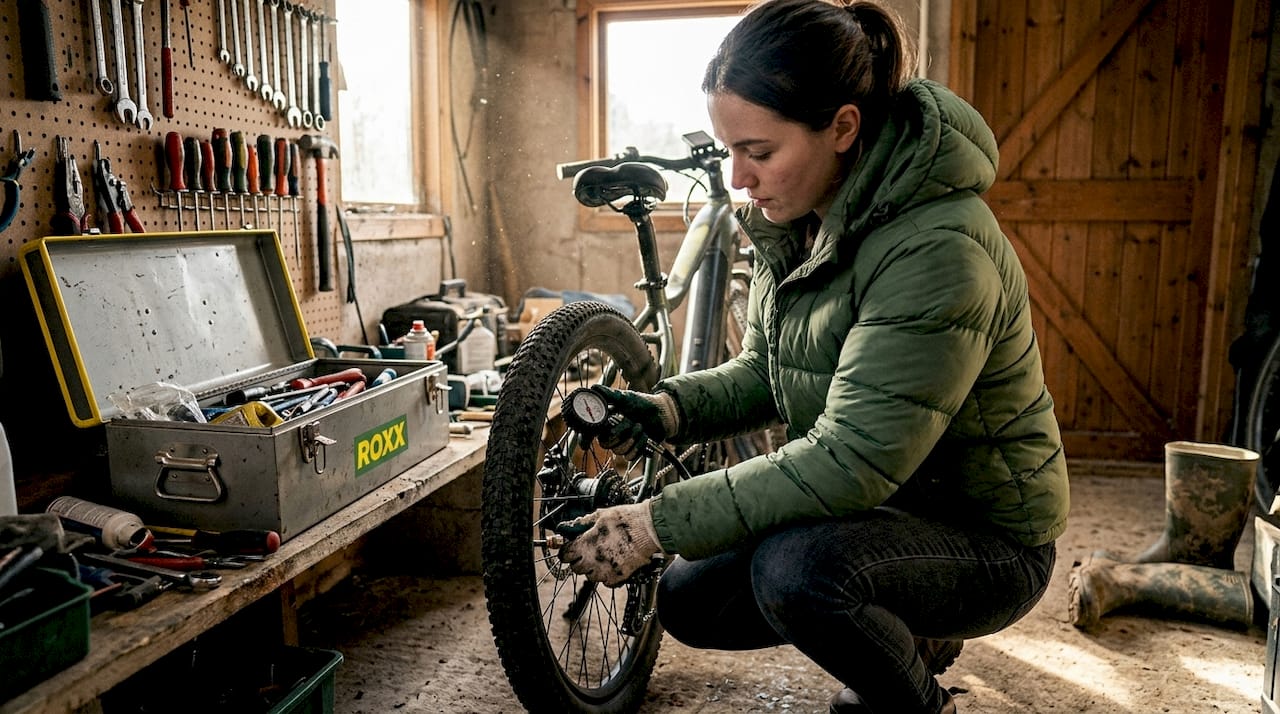 Een vrouw controleert de bandenspanning van haar e-bike in de schuur.