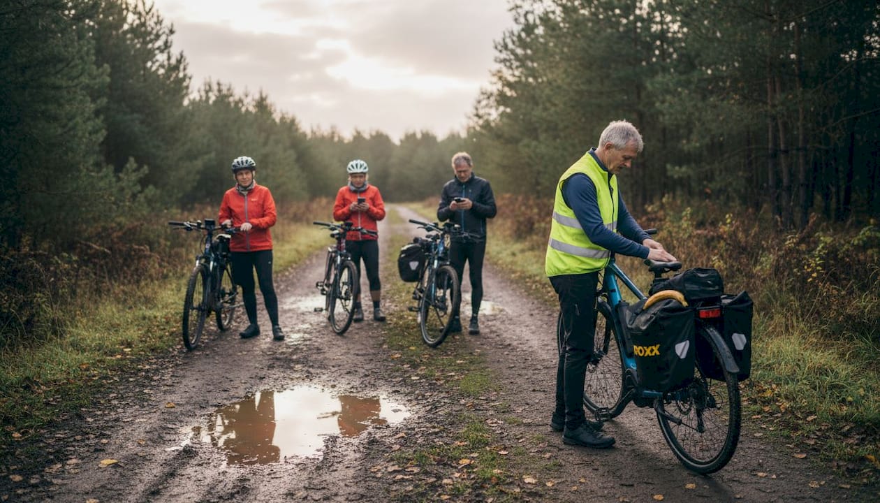 Een groep e-bikers vertrekt vanaf de rand van het bos voor hun tocht.