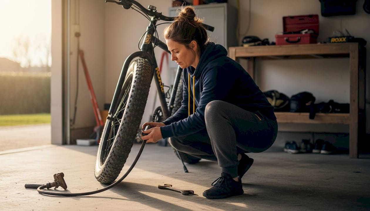 Een vrouw is bezig haar fatbike te onderhouden in de garage bij haar thuis.