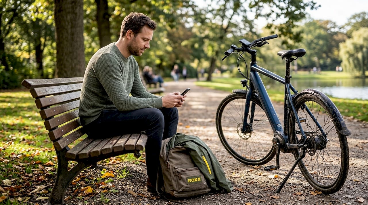 Een man zit in het park en bekijkt op zijn telefoon verschillende reviews van e-bikes om ze met elkaar te vergelijken.