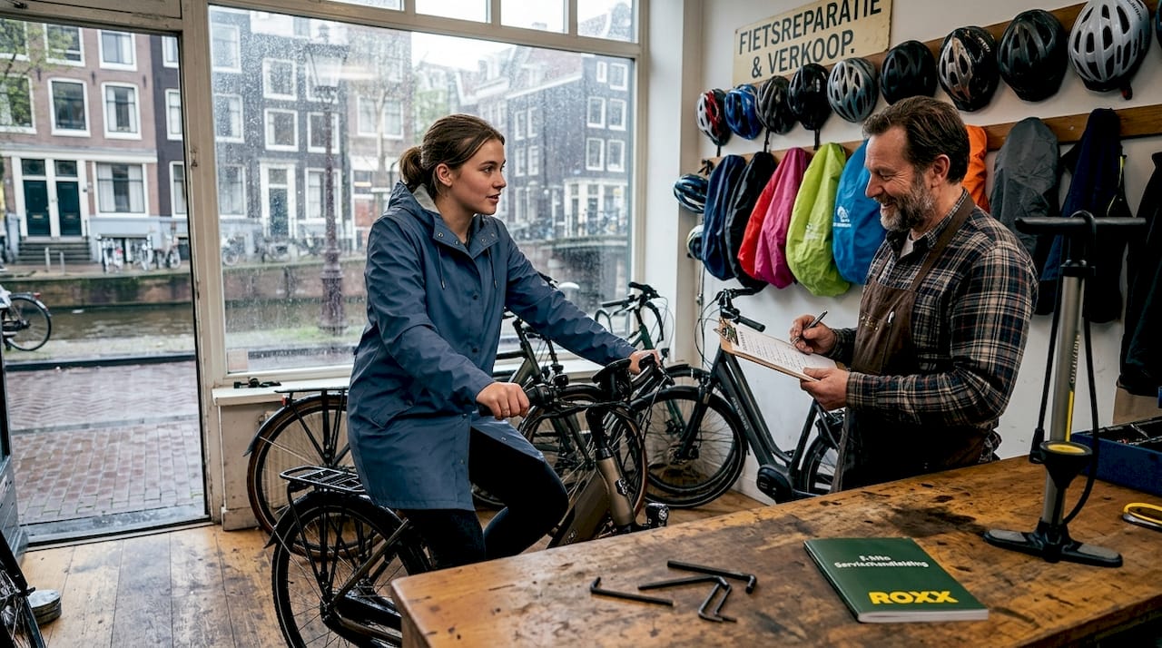 Een vrouw laat zich in de plaatselijke fietsenzaak adviseren over een e-bike.