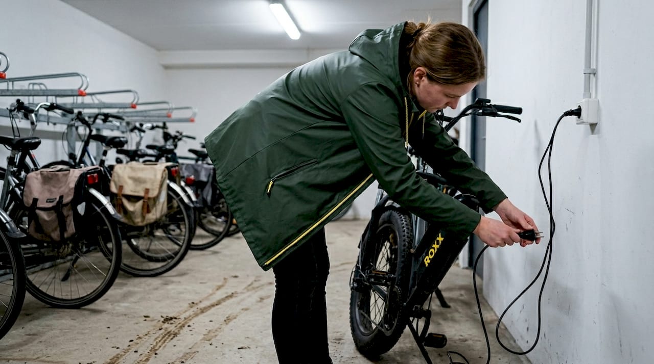 Een vrouw zet haar elektrische fatbike aan de lader in de fietsenstalling.