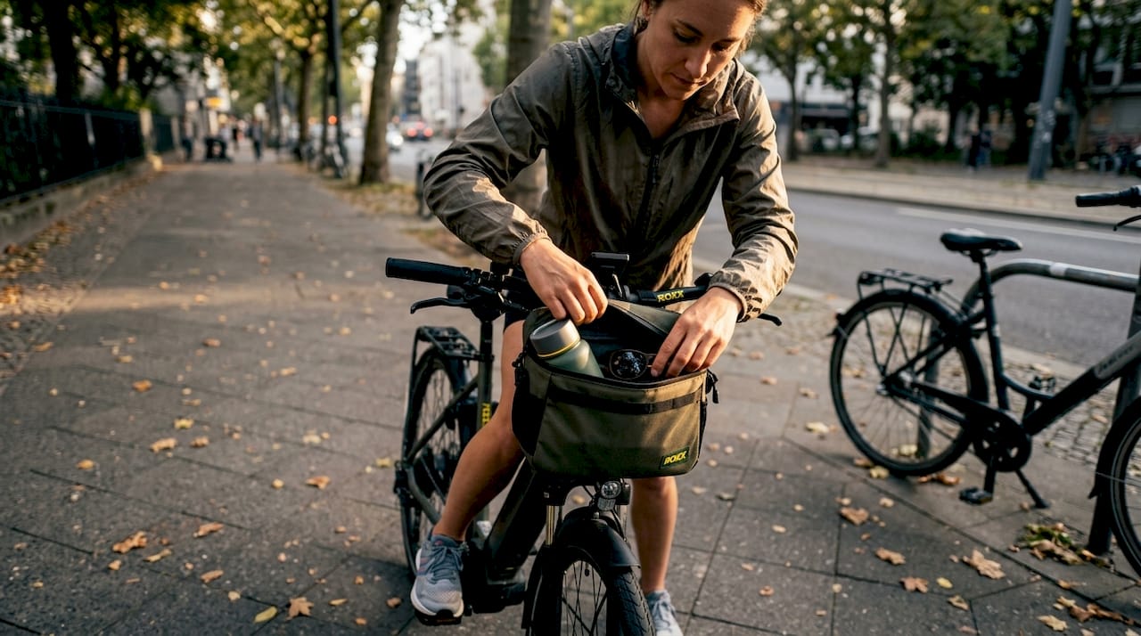 Fietser met een stuurtas op de e-bike en een drinkfles bij de hand