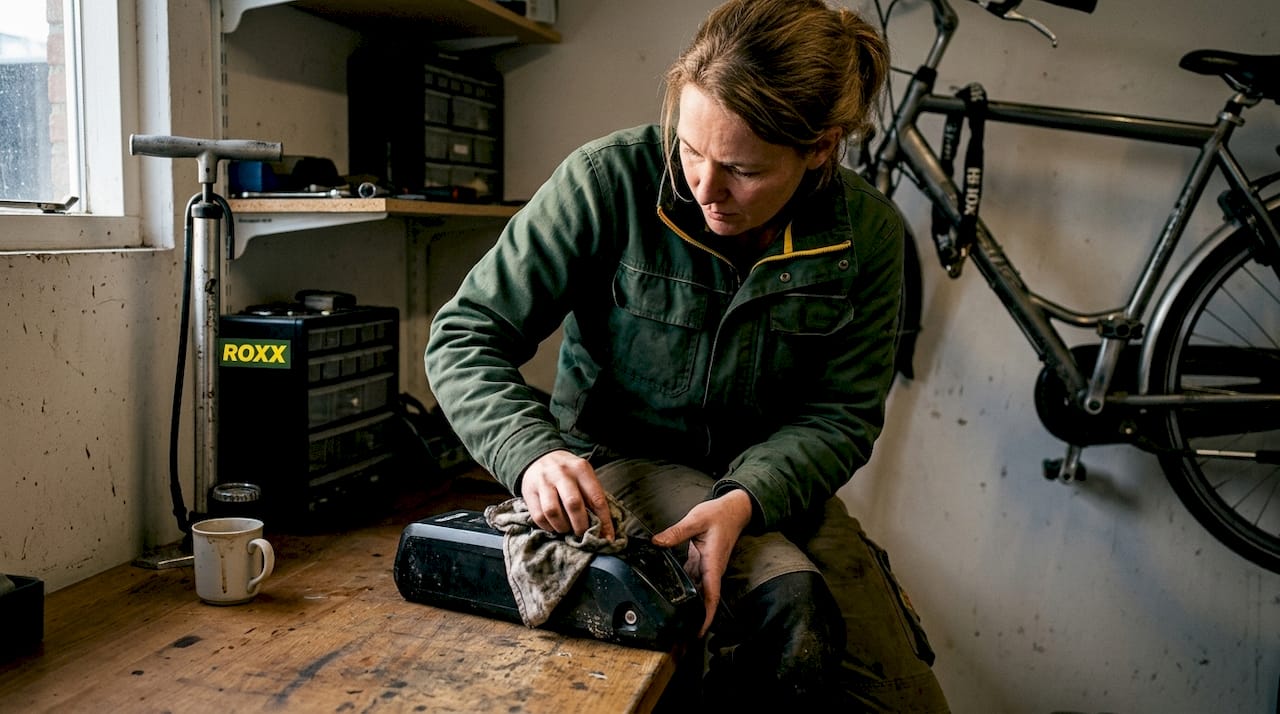 Een vrouw bekijkt haar e-bike accu in de fietsenstalling om te controleren of alles nog goed werkt.