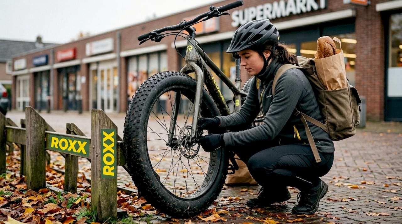 Een vrouw kijkt bij het fietsenrek of de remmen van haar fatbike nog goed werken.
