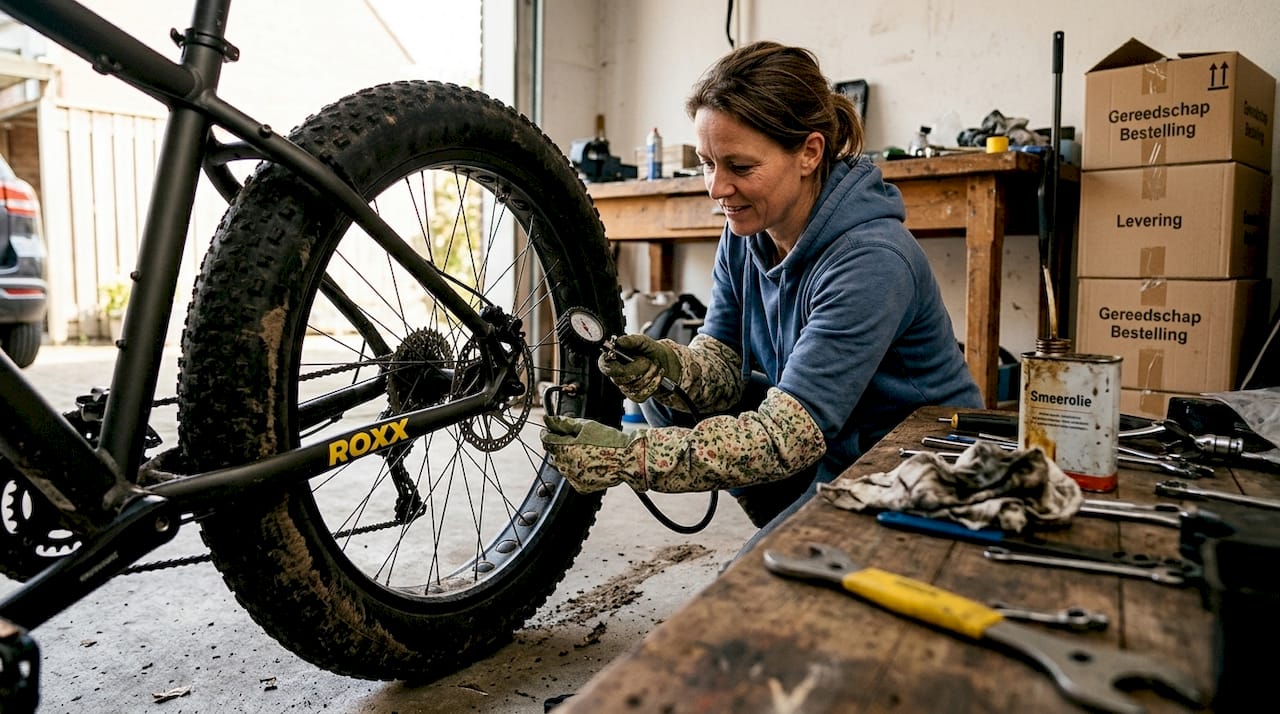 Een vrouw controleert de bandenspanning van haar Roxx fatbike in de garage.
