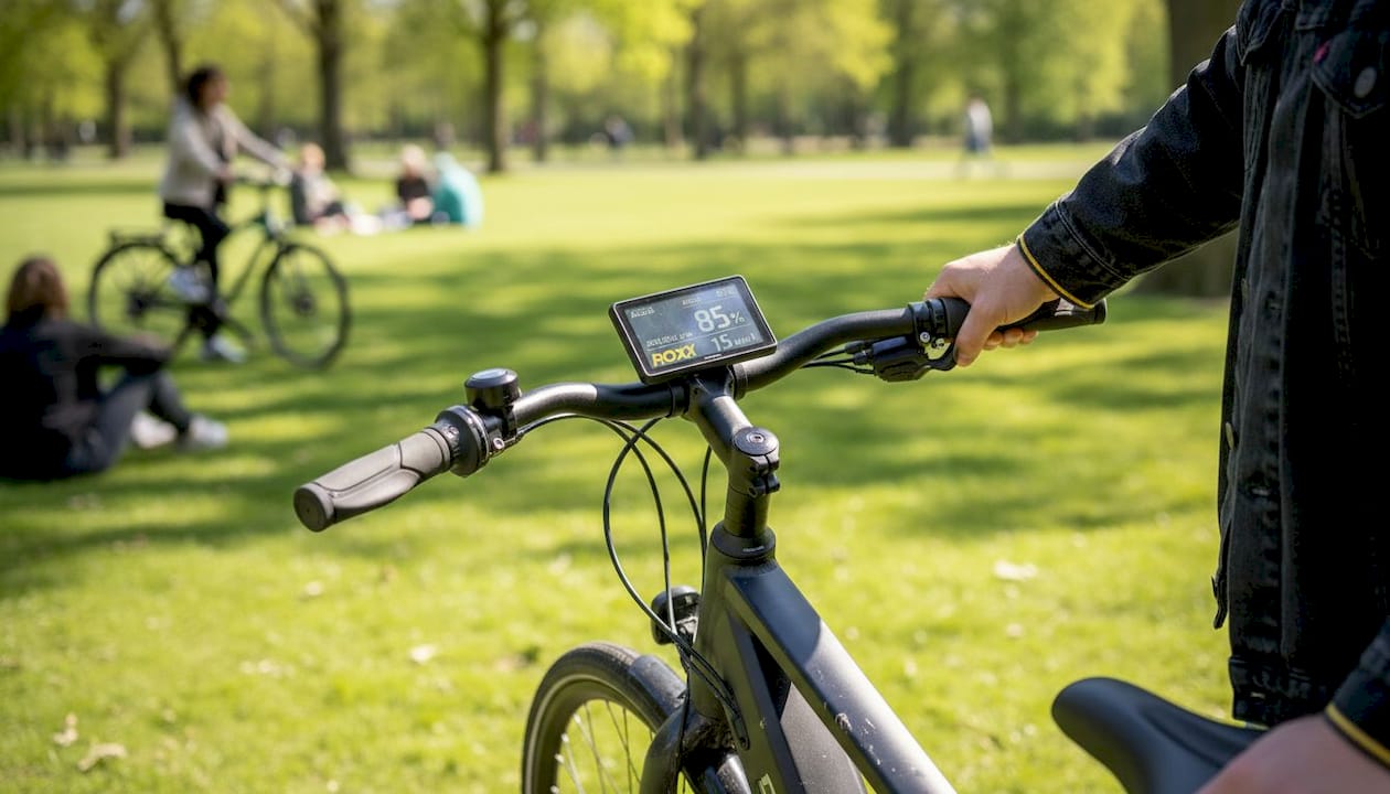 Een close-up van het afstellen van het zadel en het ergonomische stuur van een e-bike.