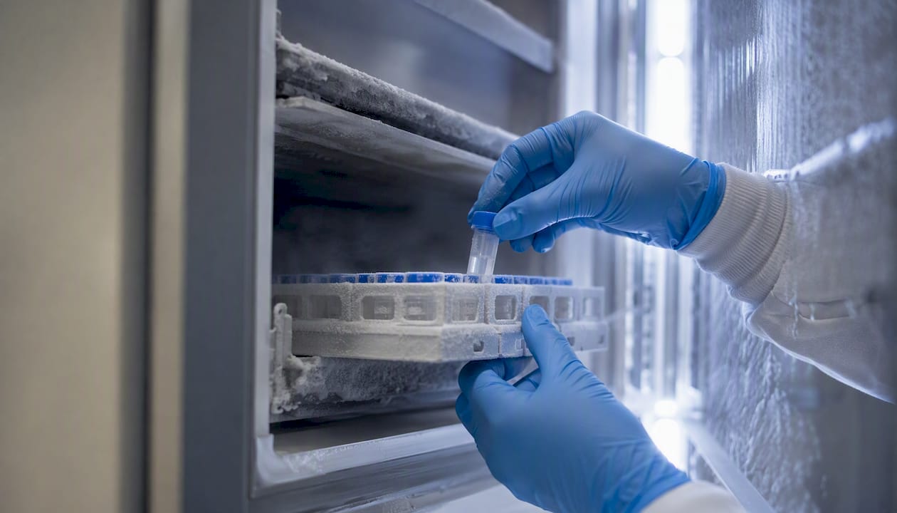 Hands freezing pseudovirus aliquots in freezer