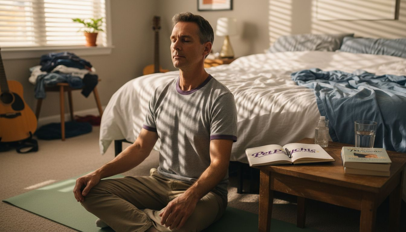 Man meditating with journal and cluttered nightstand