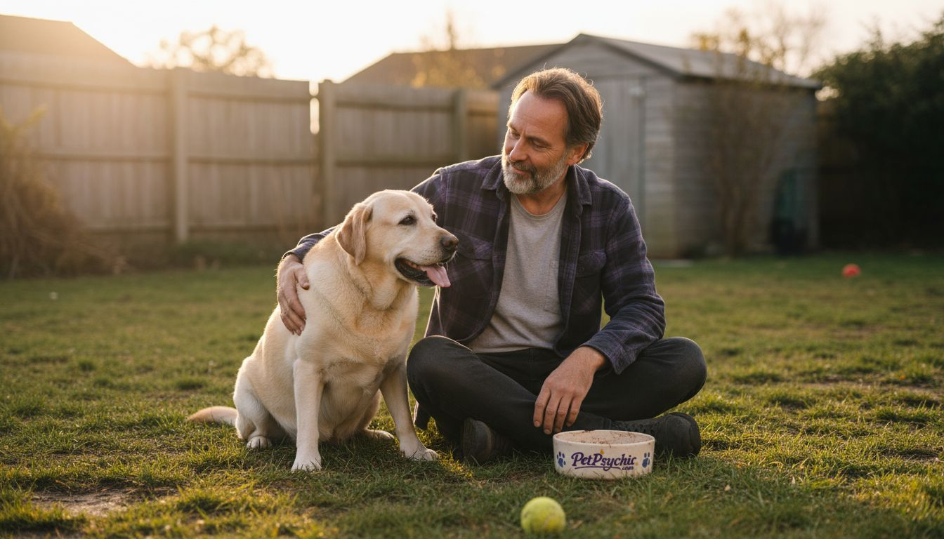 Man bonding emotionally with senior labrador outdoors