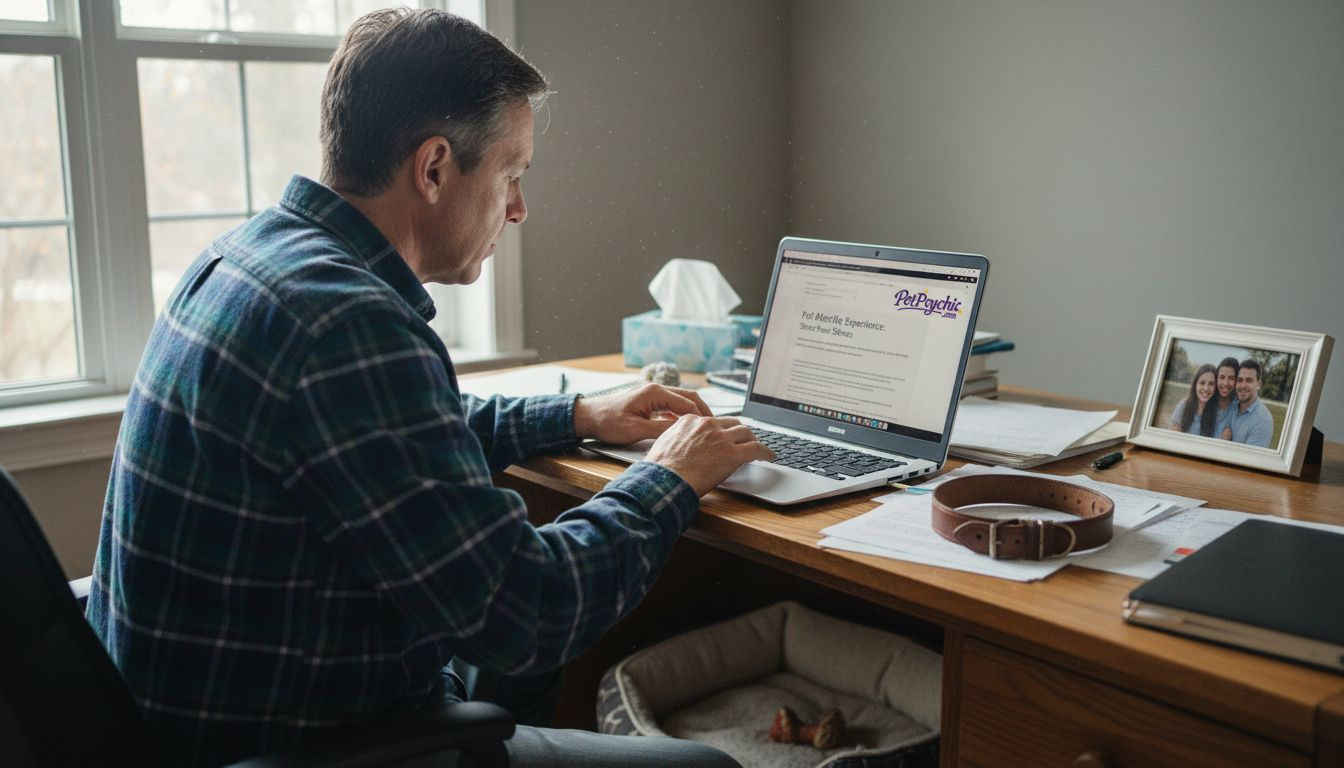 Man reading pet afterlife research at desk