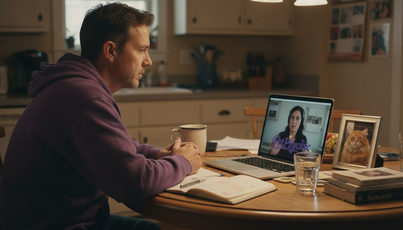Man on video call for pet psychic session