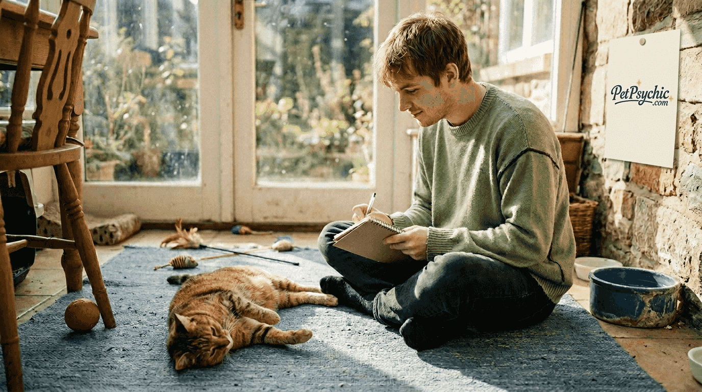 Psychic noting cat communication cues in sunroom