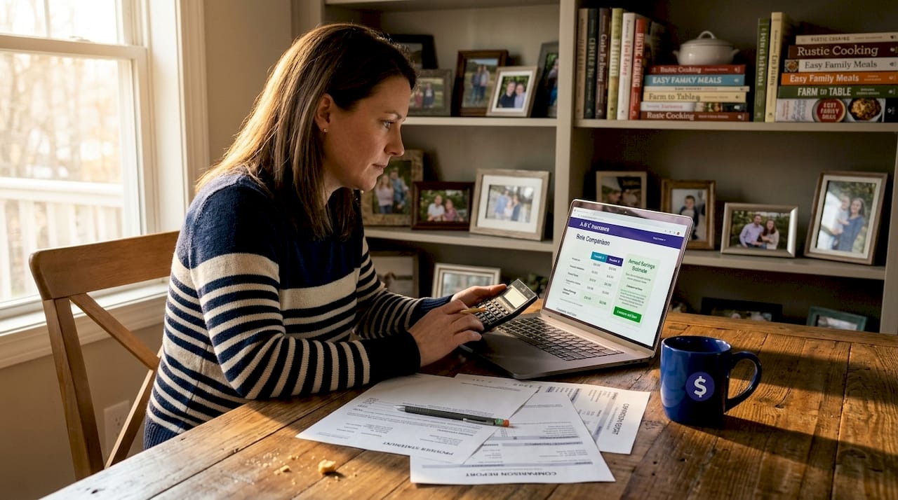 Woman reviewing transfer costs at kitchen table