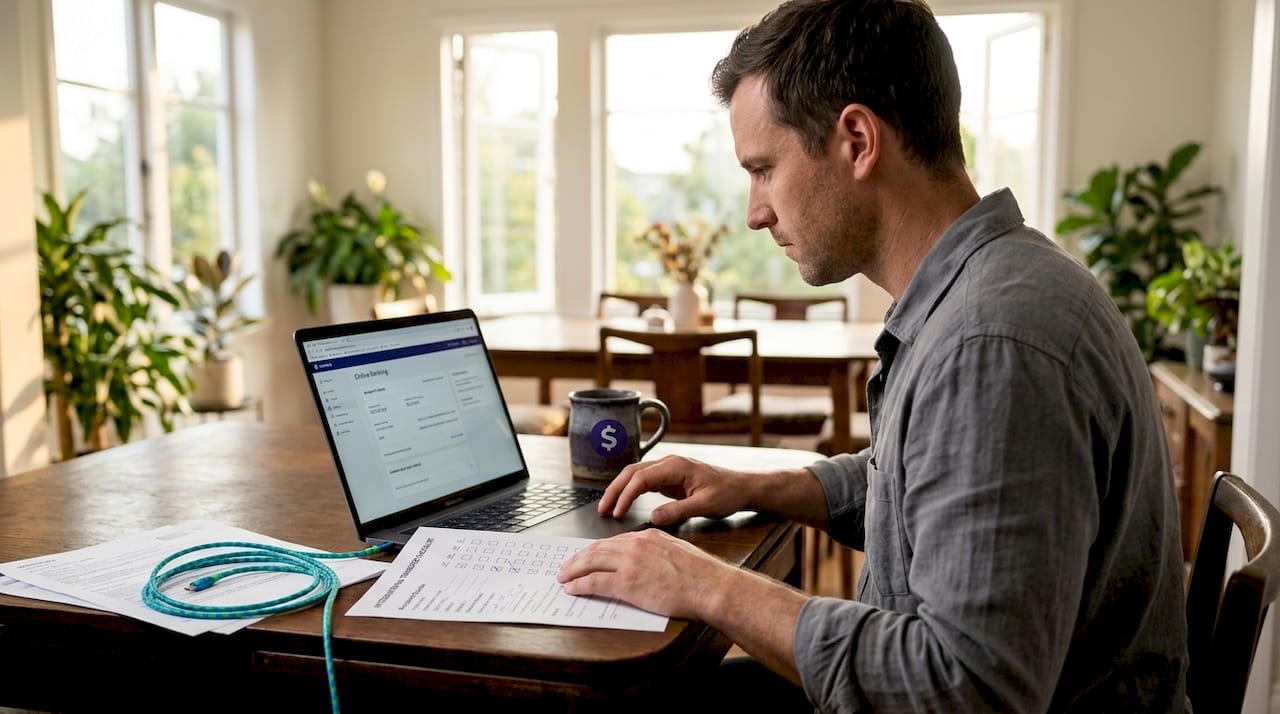 Man verifying international transfer details at home desk