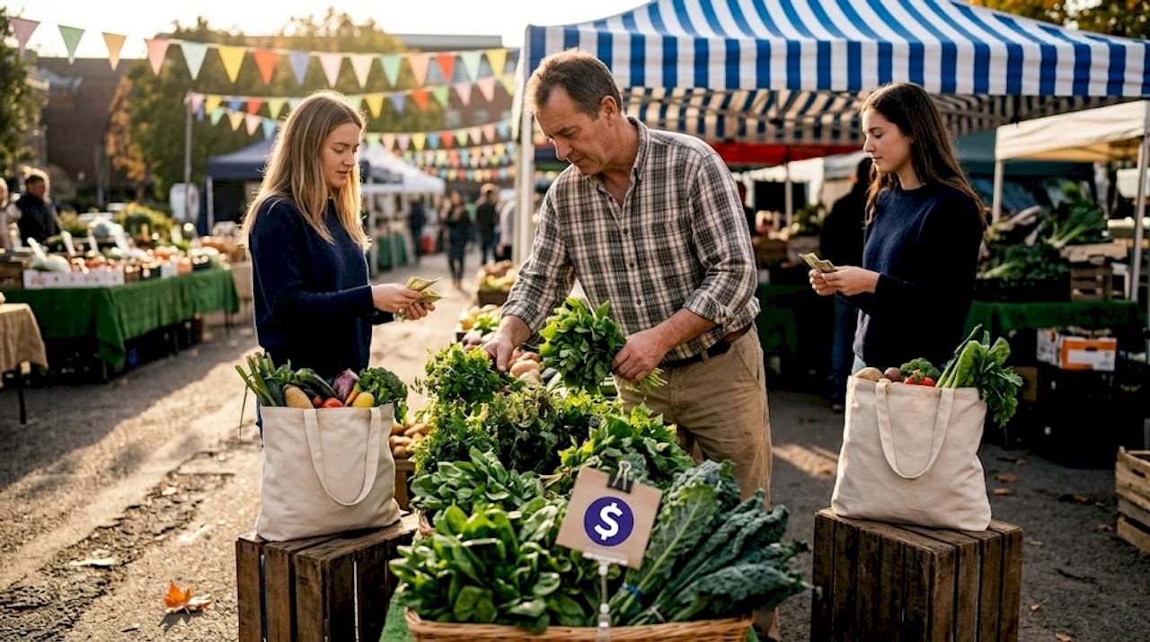 Vendor at outdoor market exchanging cash for produce