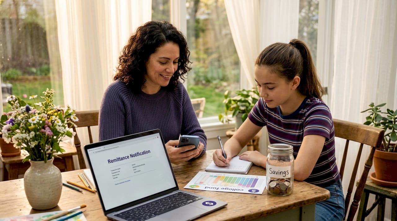 Mother and daughter reviewing remittance at kitchen table