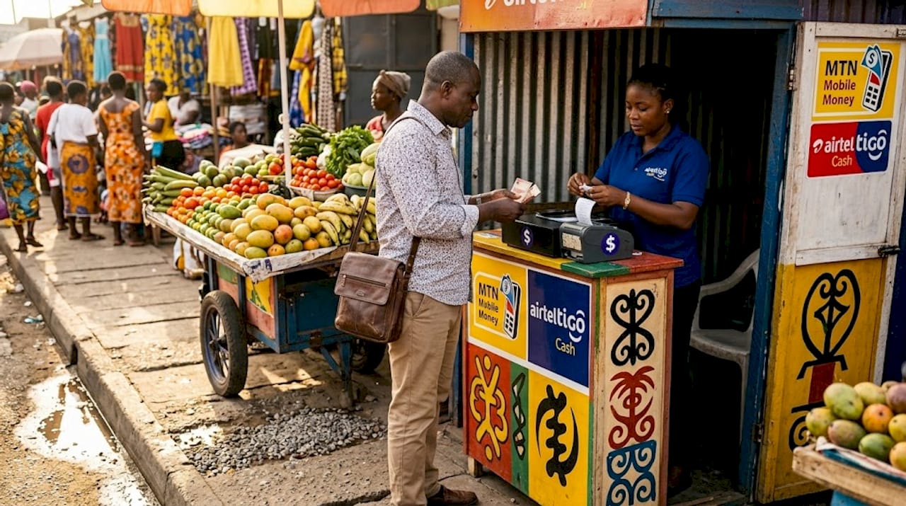 Man sending international transfer at kiosk