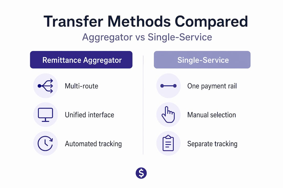 Infographic comparing remittance aggregator and single-service