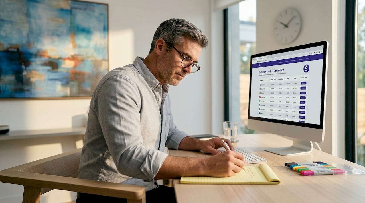 Man comparing online money transfer options at desk