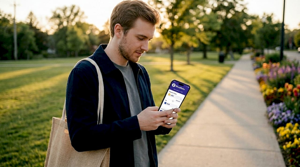 Man checking real-time exchange rate on phone outdoors