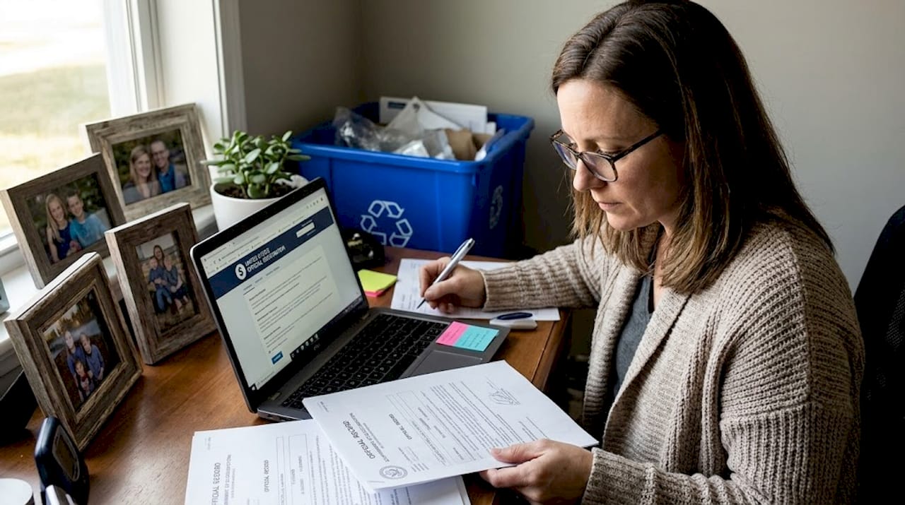 Woman reviewing compliance documents at home office