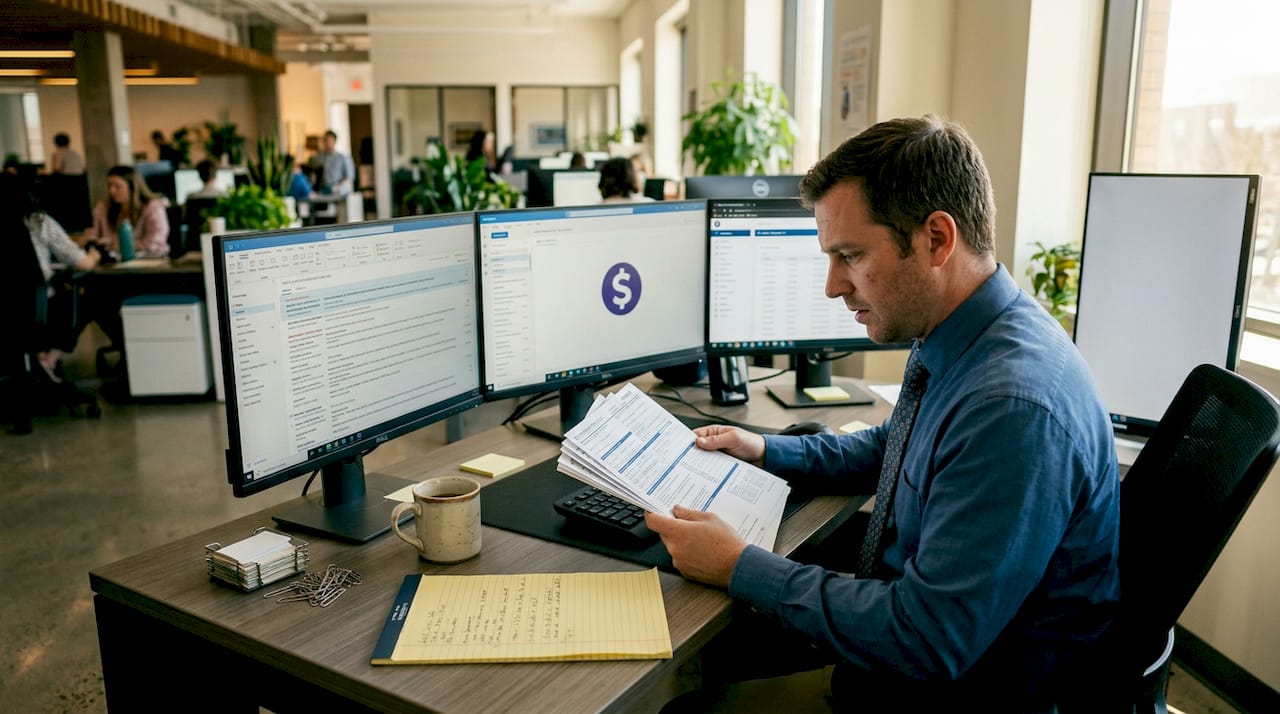 Bank staff reviewing remittance transfer paperwork