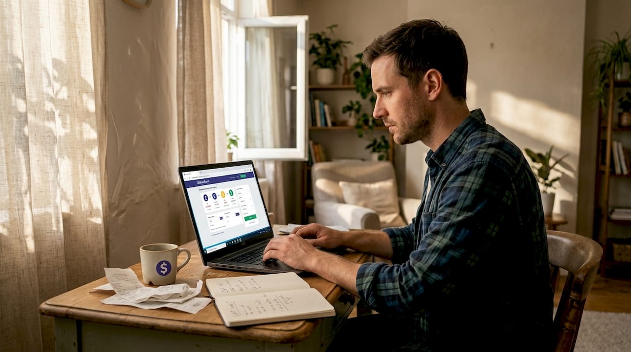 Man comparing money transfer options on laptop