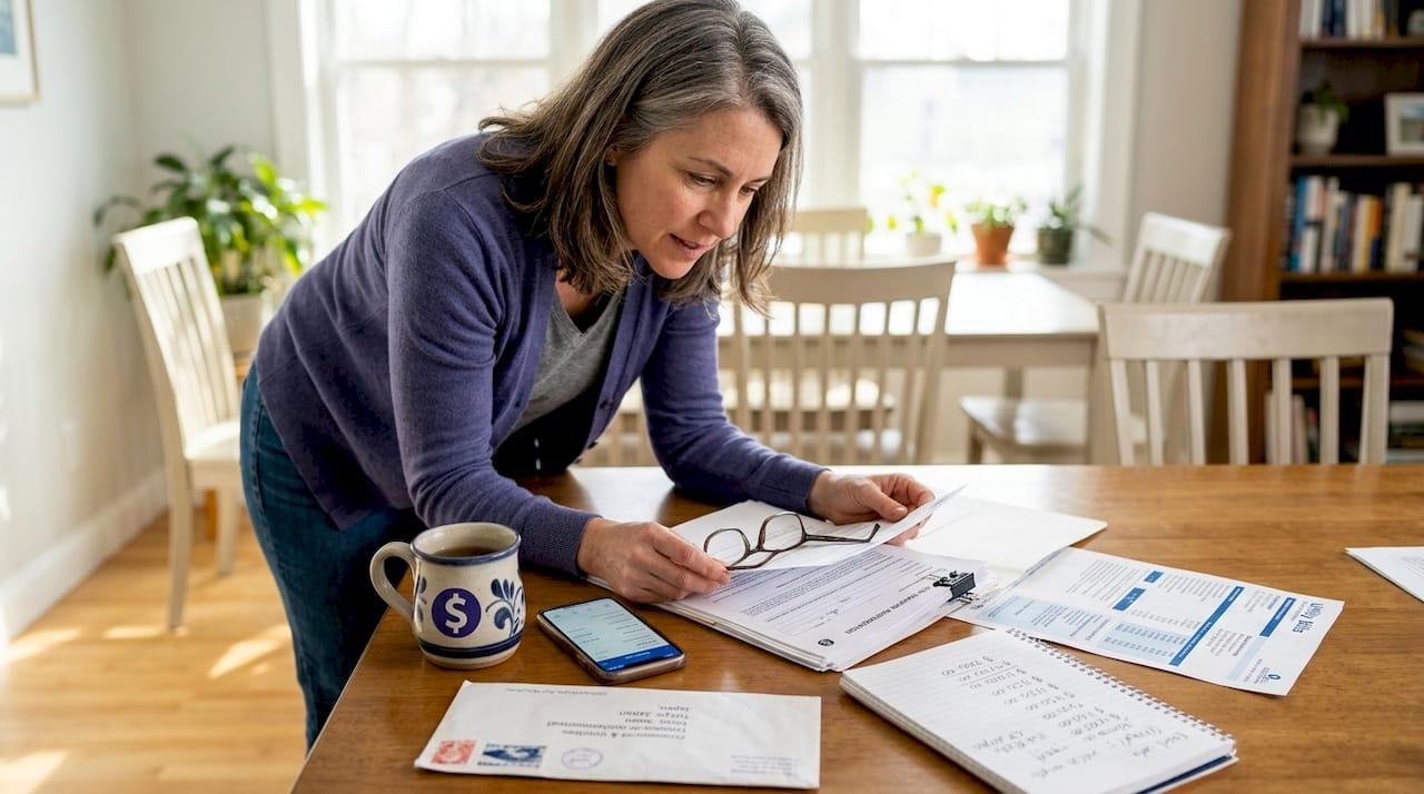 Woman reviewing ACH transfer paperwork at table
