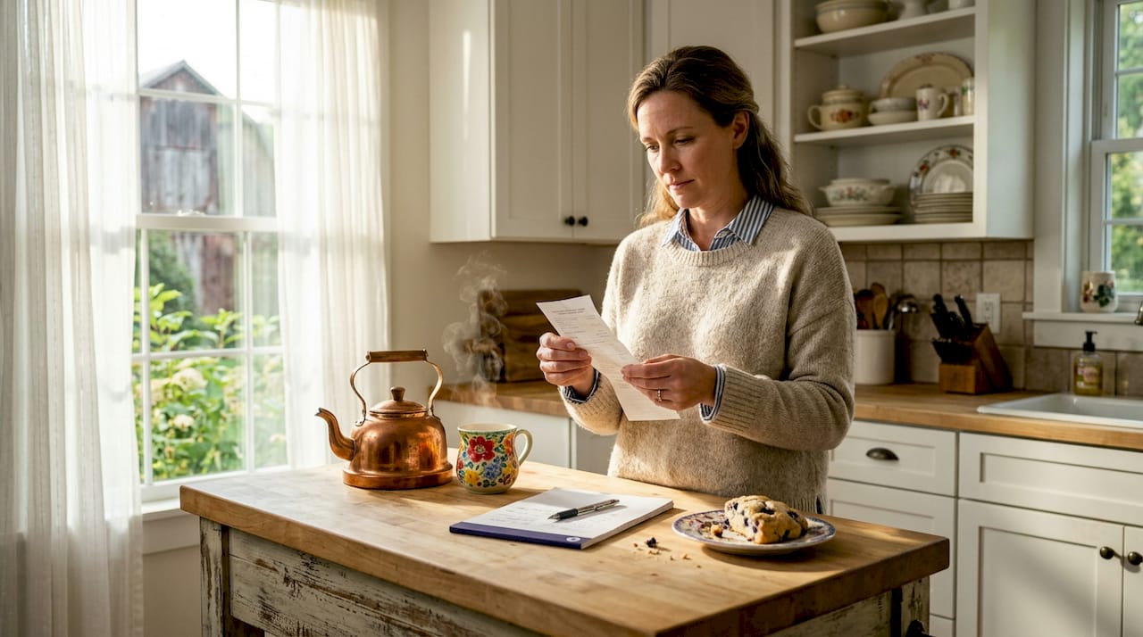 Woman studies money transfer receipt in kitchen