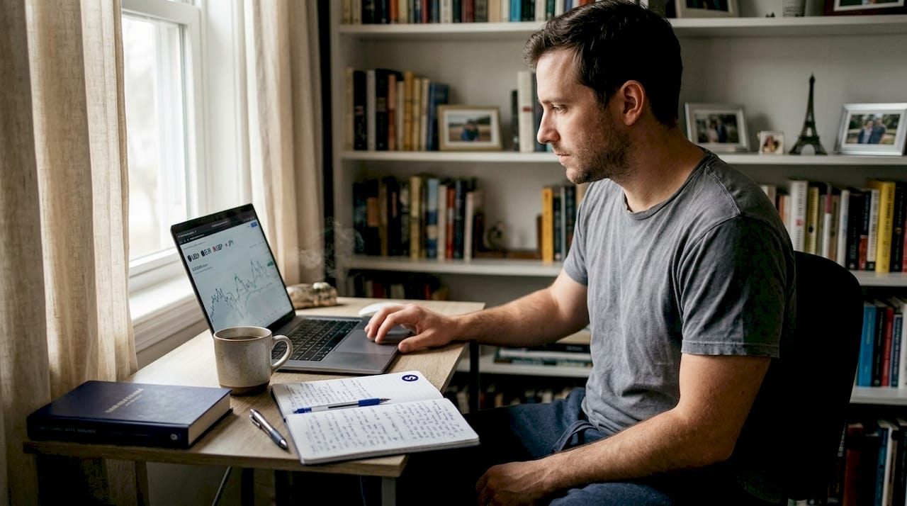 Man checks exchange rates laptop at desk