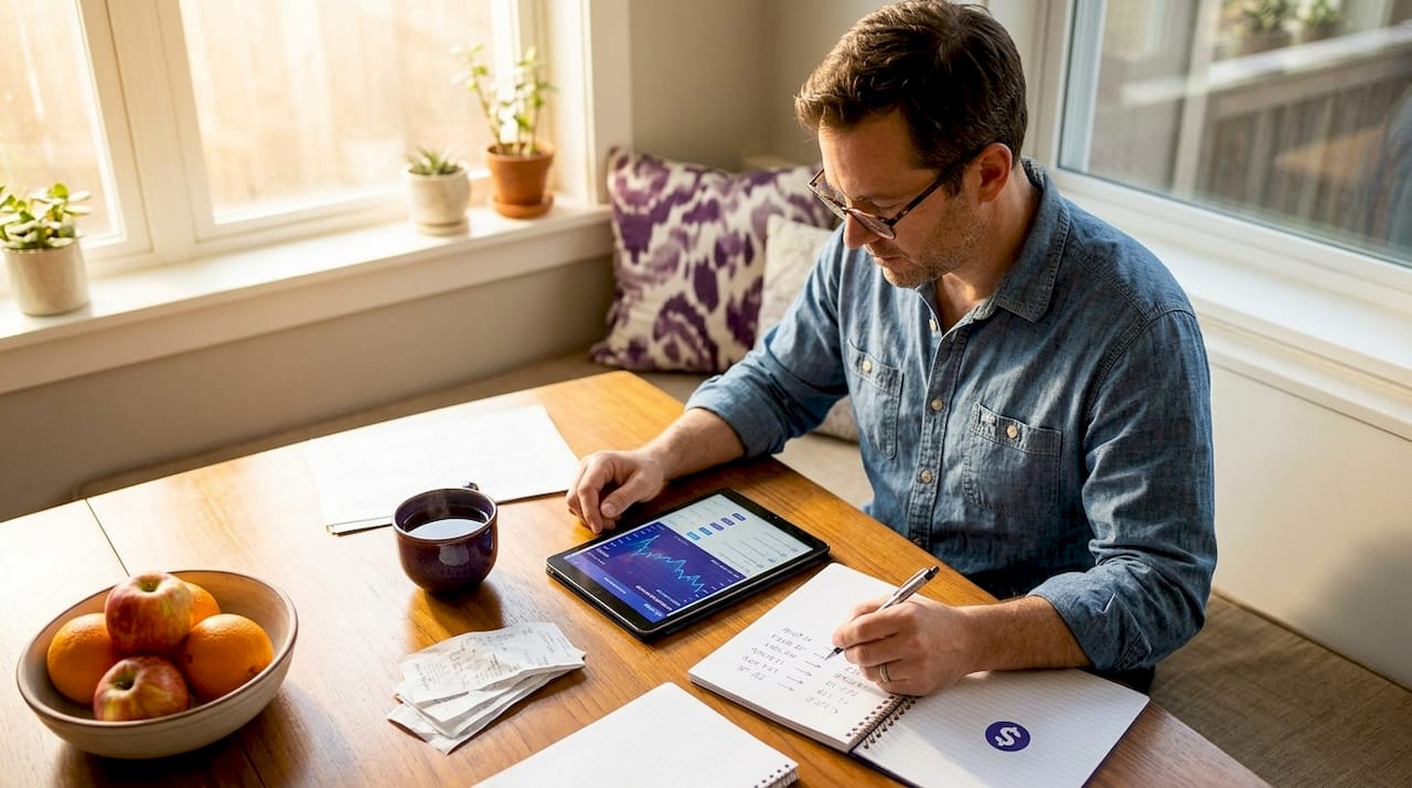 Man reviewing remittance rate alerts at kitchen table