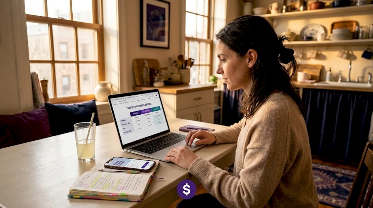 Woman comparing transfer provider fees online