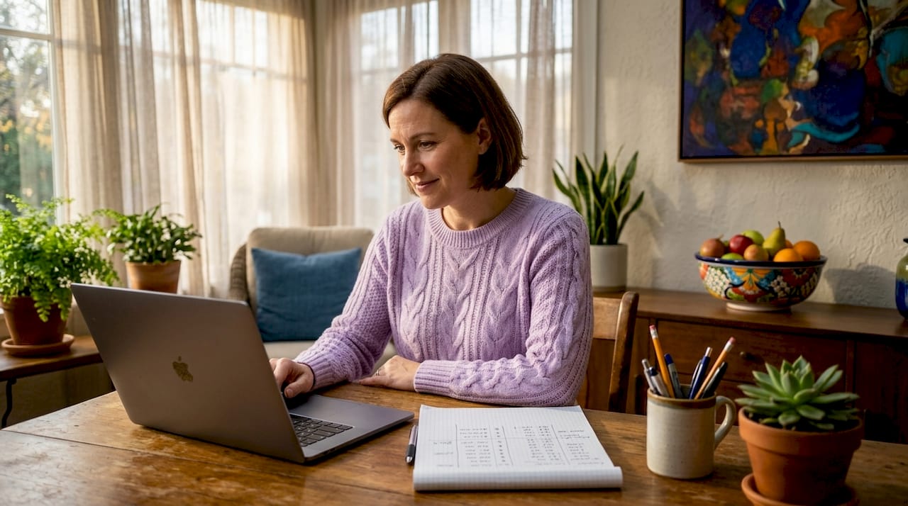 Woman checks international transfer at home desk