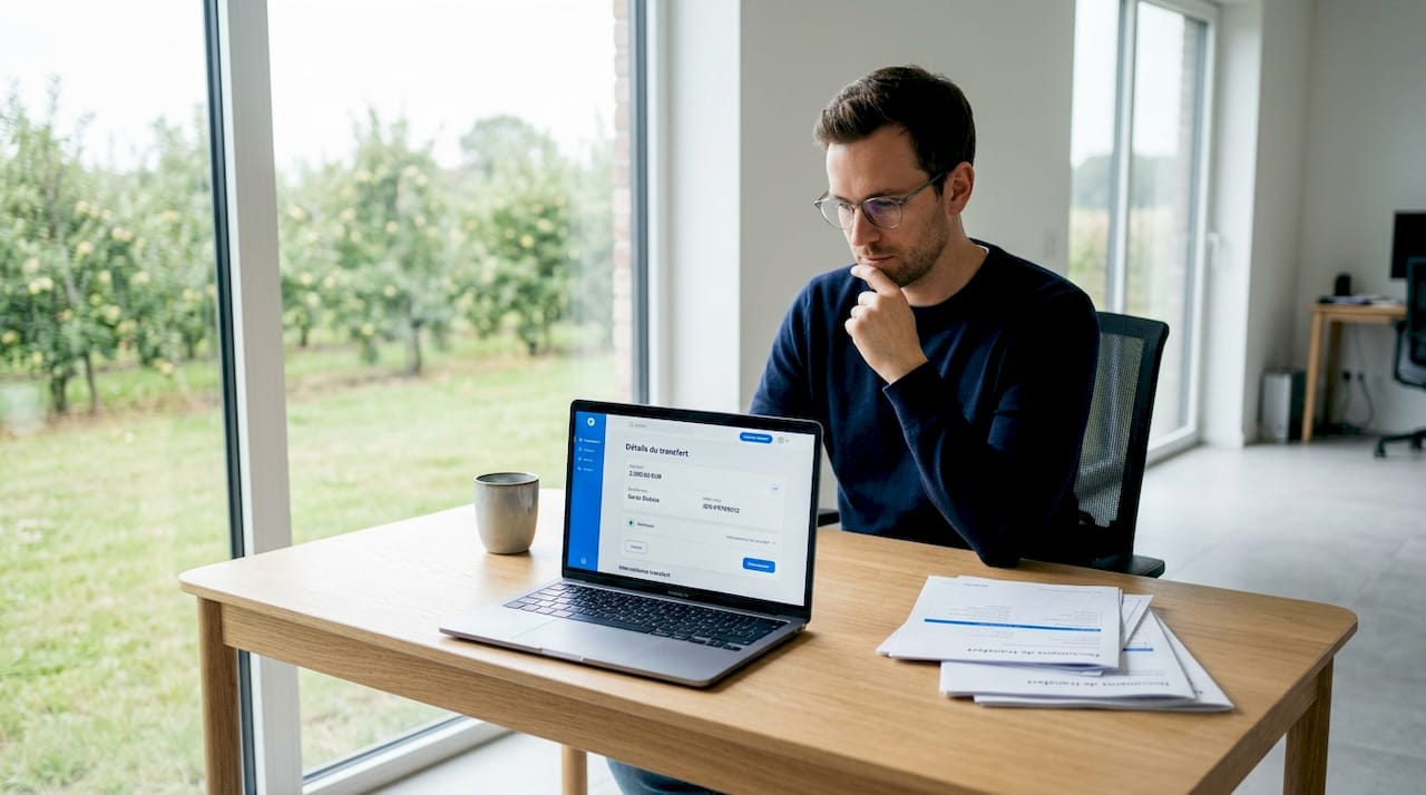 Un homme consulte le suivi de son virement depuis son bureau
