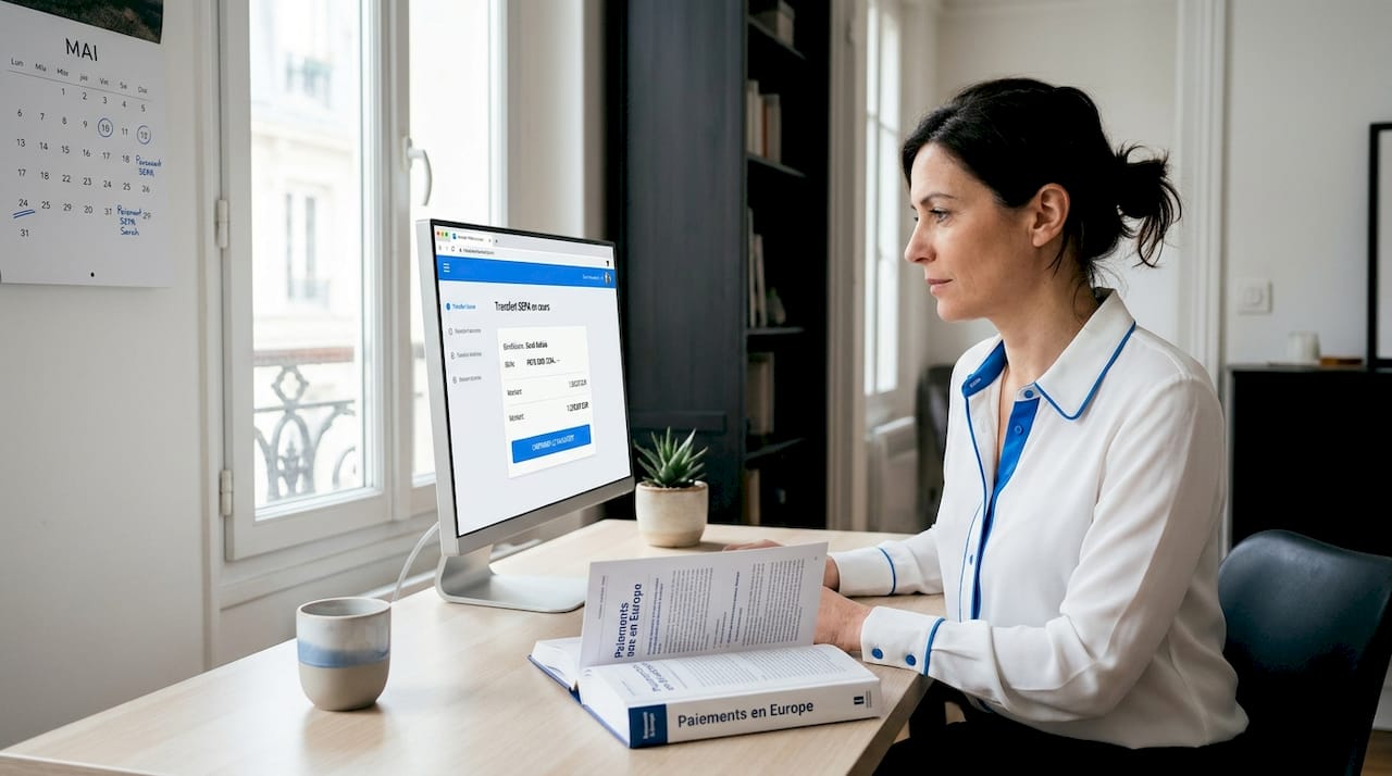 Une femme effectue un virement SEPA depuis son bureau à domicile.