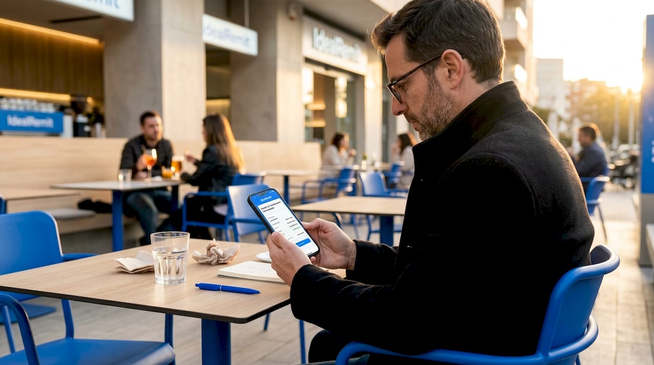 Hombre revisando el estado de una transferencia internacional desde su móvil mientras toma algo en una cafetería.