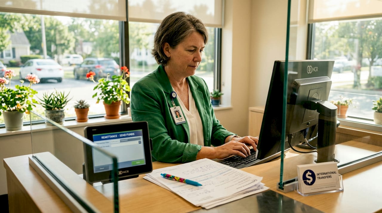 Bank teller processing remittance transaction
