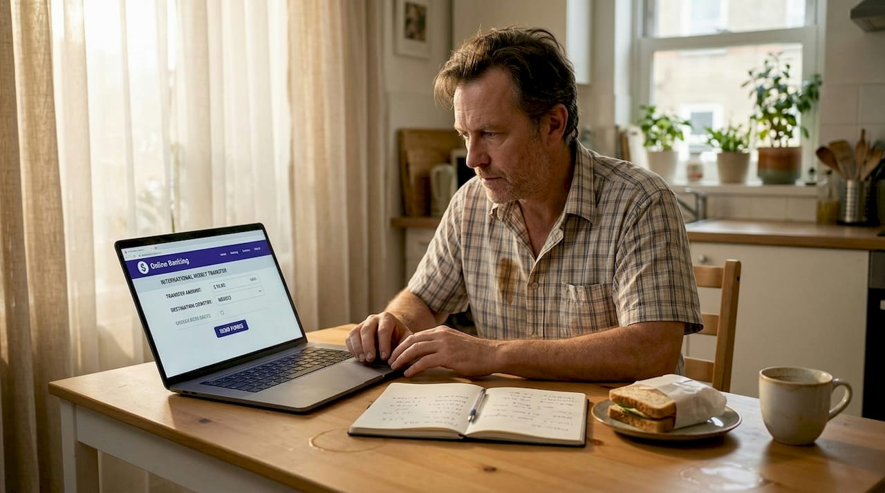Man transferring money online at kitchen table