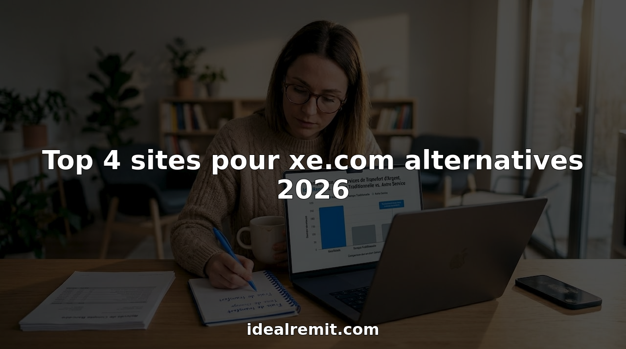 Installée à sa table de cuisine, une femme compare différentes plateformes pour transférer de l'argent en ligne.