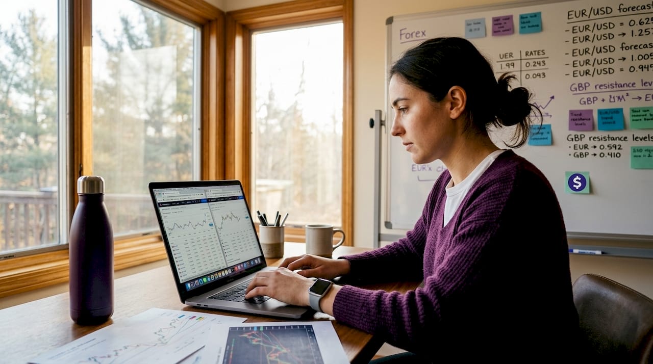 Analyst using online tools to track currency rates