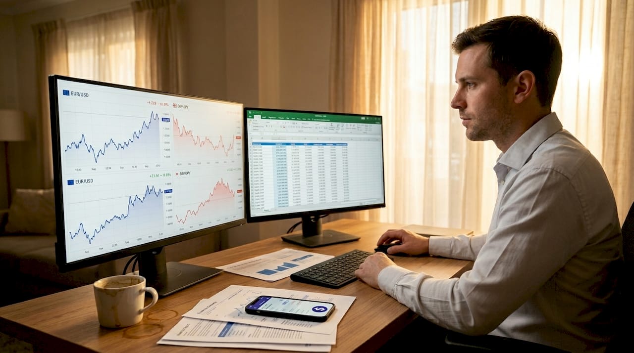 Man monitoring live currency exchange rates on screens