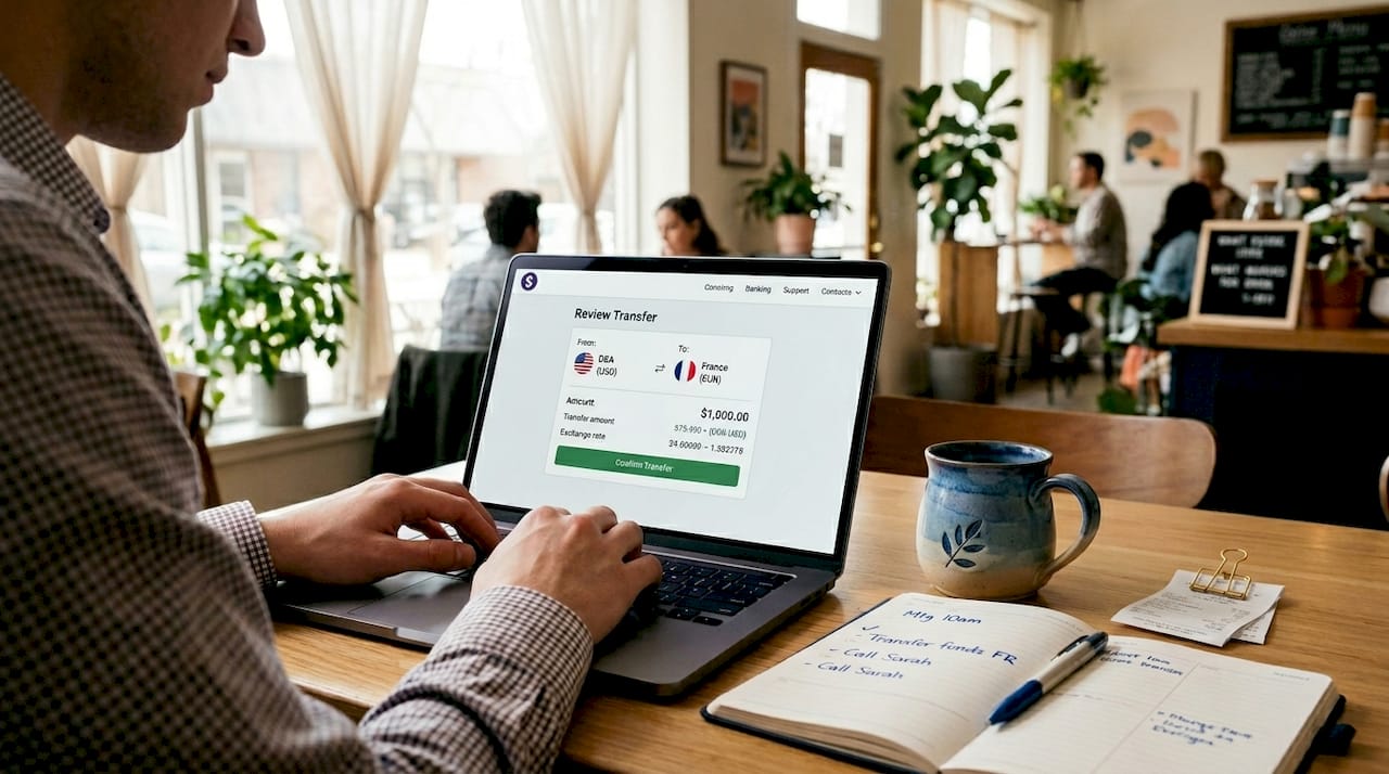 Hands performing international bank transfer online