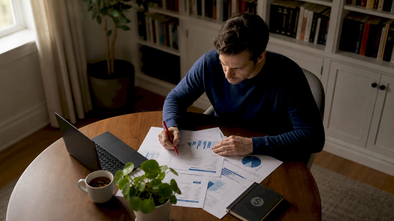Financial analyst reviewing money transfer fees documents